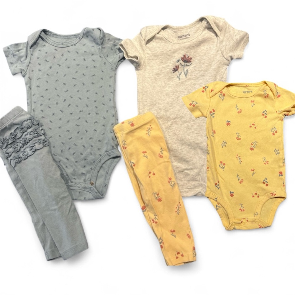 VGUC Carter's Blue, Gray & Yellow Kids Matching Sets; 3 Onesies & 2 Pants (9 mo)